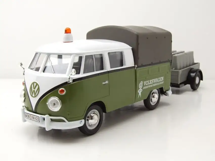 VW T1 Bus Pritsche Plane grün weiß mit Anhänger Modellauto 1:24 Motormax