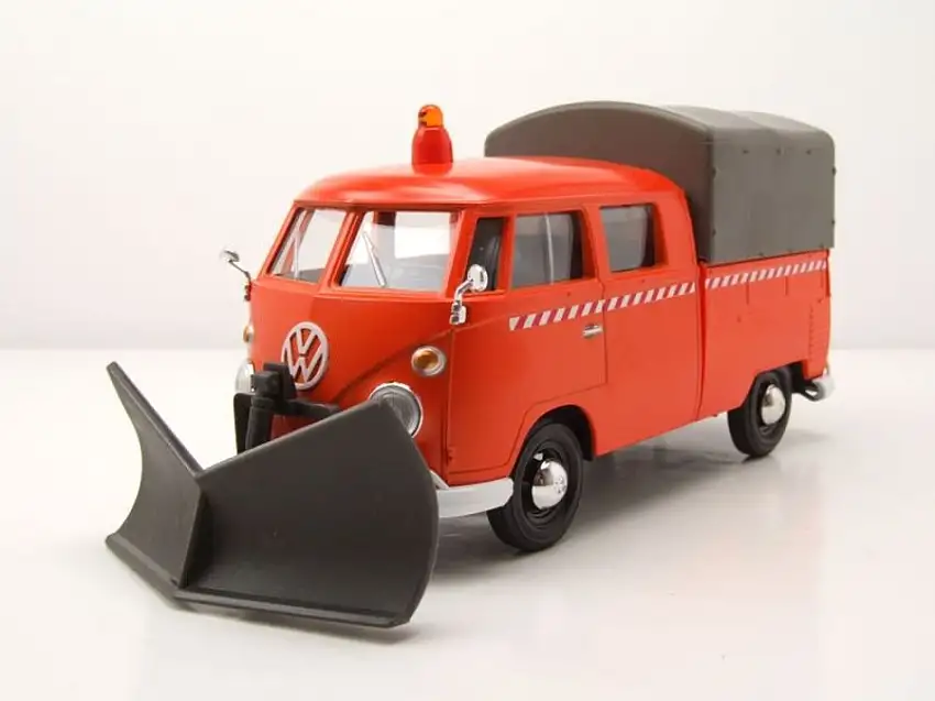 VW T1 Pritsche Plane orange mit Schneepflug Modellauto 1:24 Motormax