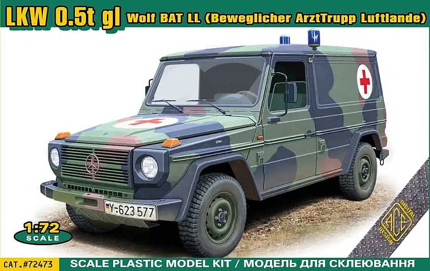 ACE model LKW 0,5t gl Typ W460 G-Klasse BW Wolf BAT LL (inkl. Decals für KFOR & beweglicher ArztTrupp Luftlande Sani) #72473