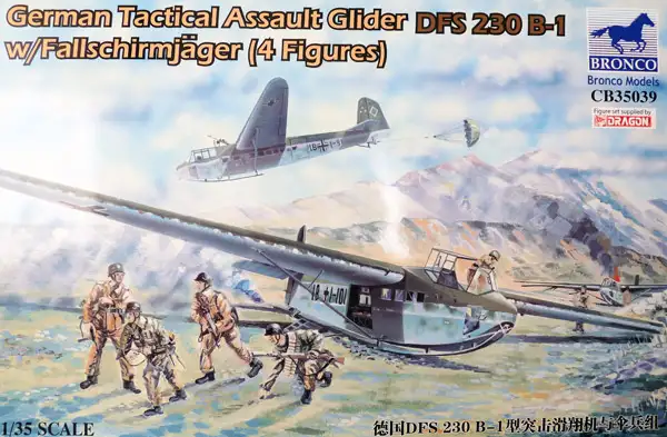 Bronco Models Deutscher Lastensegler DFS 230 B-1 mit Fallschirmjägern (4 Figuren) #CB35039