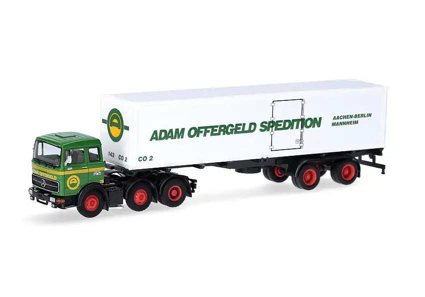 Herpa / Modellbau Schwarz Mercedes-Benz LPS 2032 Container-Sattelzug "Spedition Offergeld" Würselen NRW, #87MBS026147