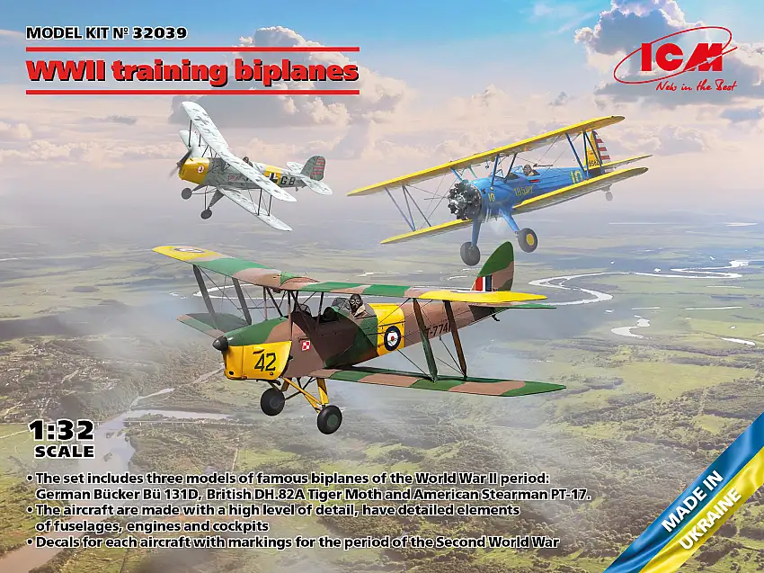 ICM WWII training biplanes 3er-Set Doppeldecker Schulflugzeuge (Bücker Jungmann, Tiger Moth & Stearman) #32039