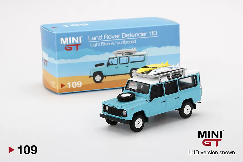 Mini GT by TSM Model Land Rover Defender 110 light blue w/ surfboard, #MGT00109-L