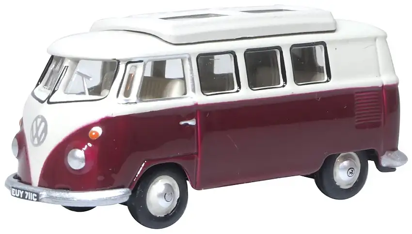 Oxford Volkswagen VW T1 Bus Camper Titan red / Beige grey (dunkelrot / beige), #76VWS010