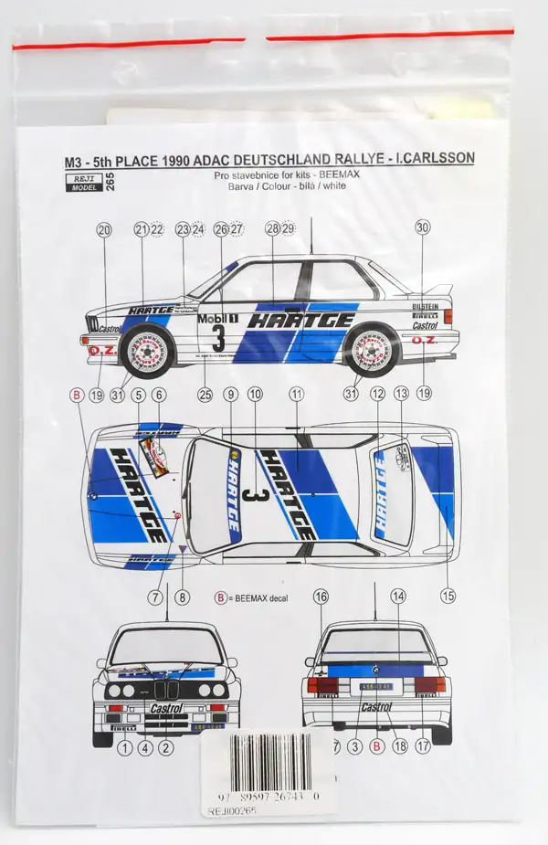Reji Model BMW M3 E30 2.3 Hartge Deutschlandrallye 1990 1:24 Dekorbogen, #265